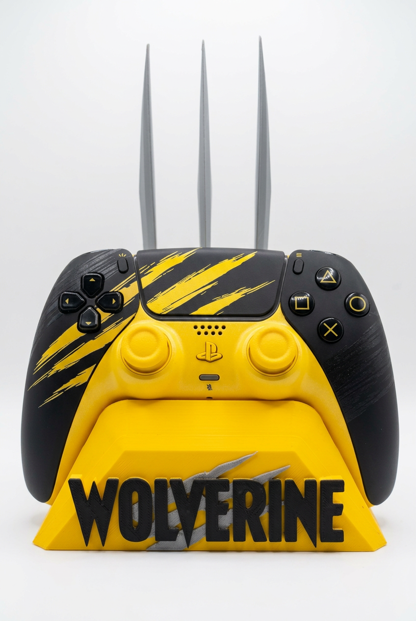 Wolverine DualSense holder with a black and yellow PS5 controller, yellow base and three silver-coloured claws.