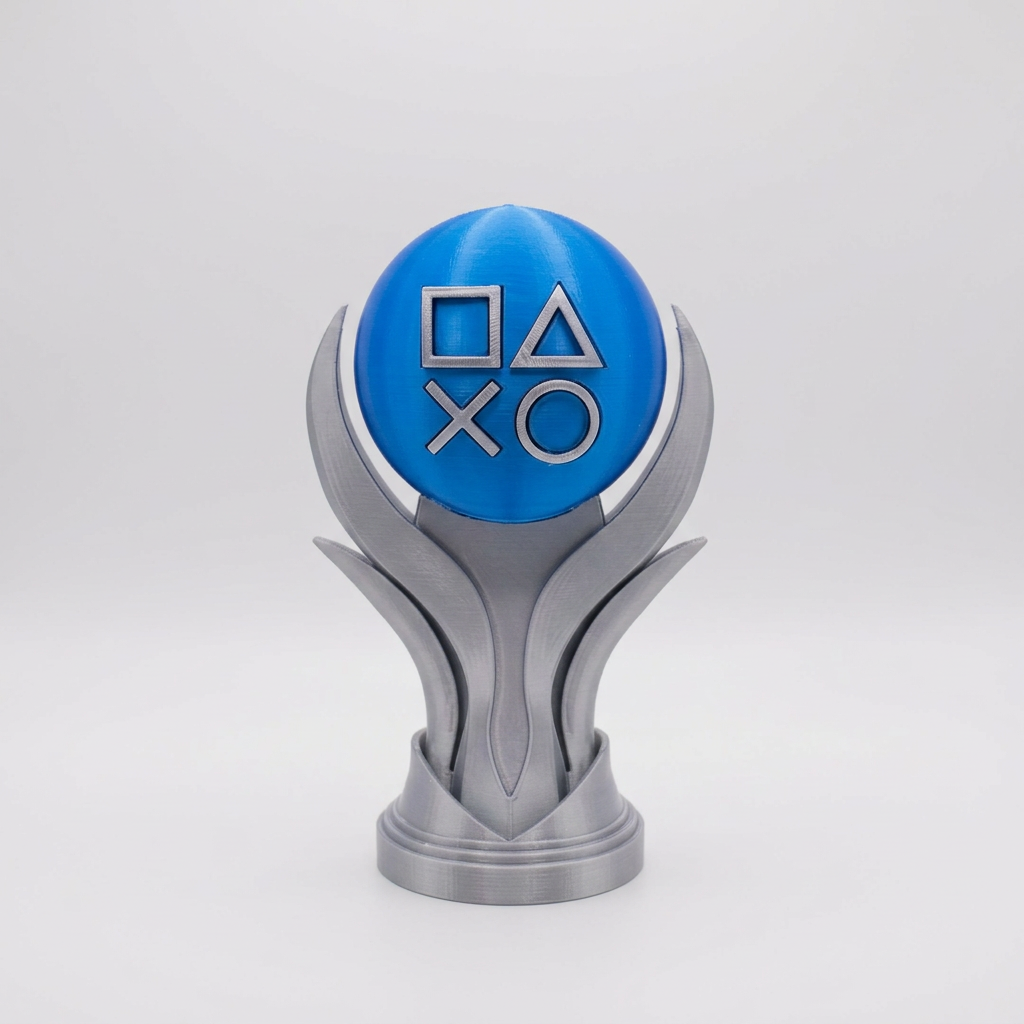 Blue and silver 3D printed platinum trophy on a light gray background