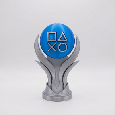 Blue and silver 3D printed platinum trophy on a light gray background