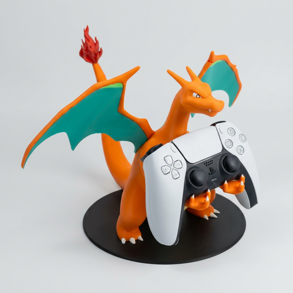 Orange Charizard controller holder with teal wings holding a white PS5 DualSense controller on a black circular base against a light grey background