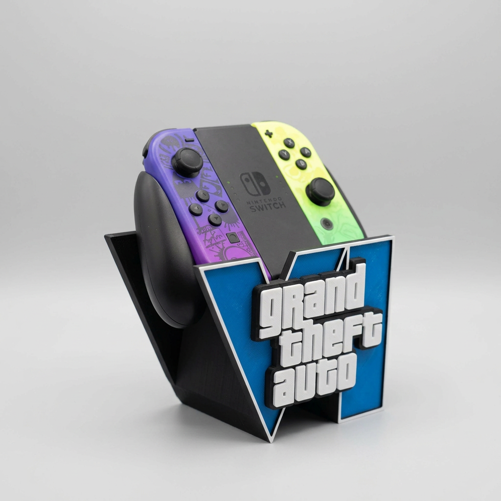 A Nintendo Switch console with a purple and yellow Joy-Con controller set displayed on a black stand featuring the Grand Theft Auto logo, photographed against a light gray studio background.