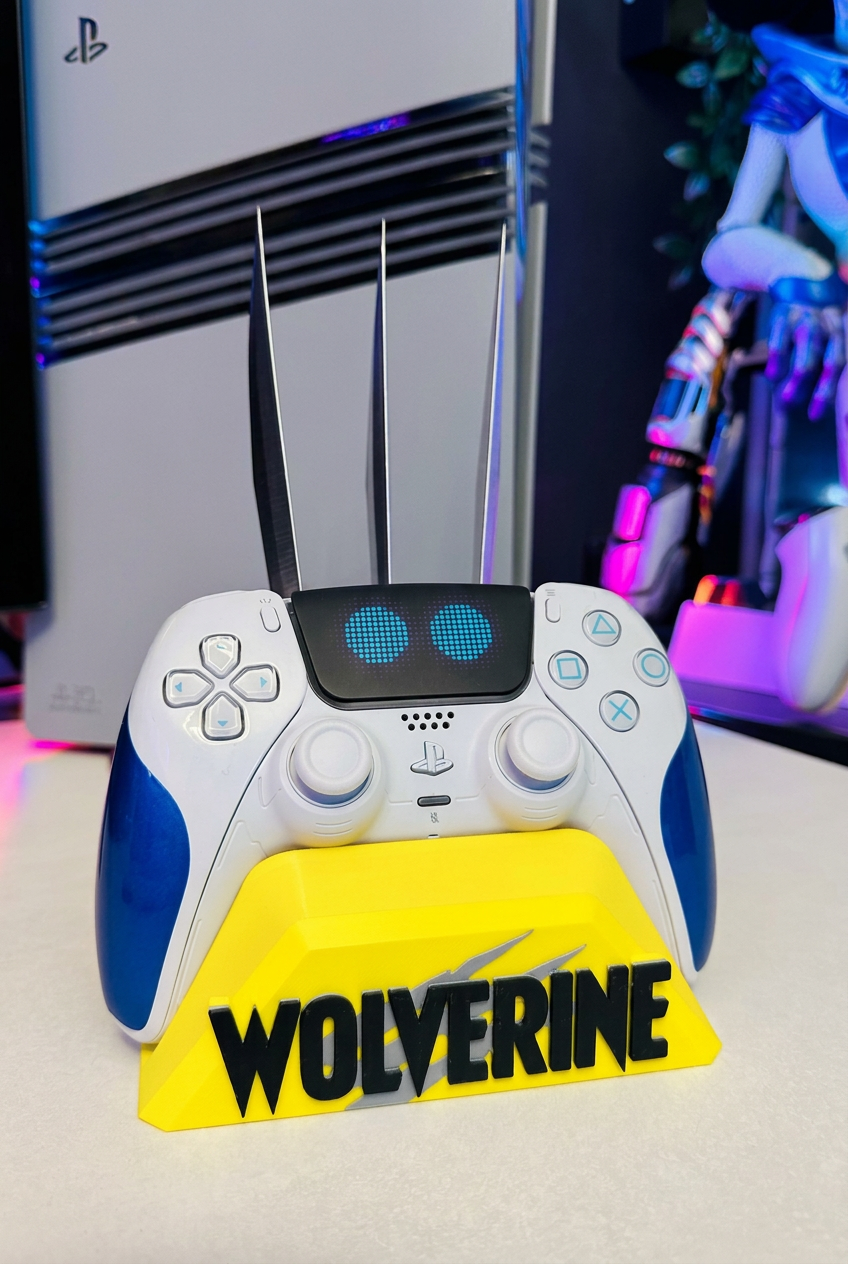 Front view of the yellow Wolverine DualSense controller holder displaying a white and blue PS5 controller.