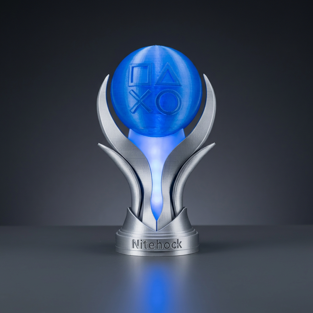 Blue LED illuminated platinum trophy on a charcoal background