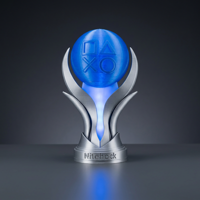Blue LED illuminated platinum trophy on a charcoal background