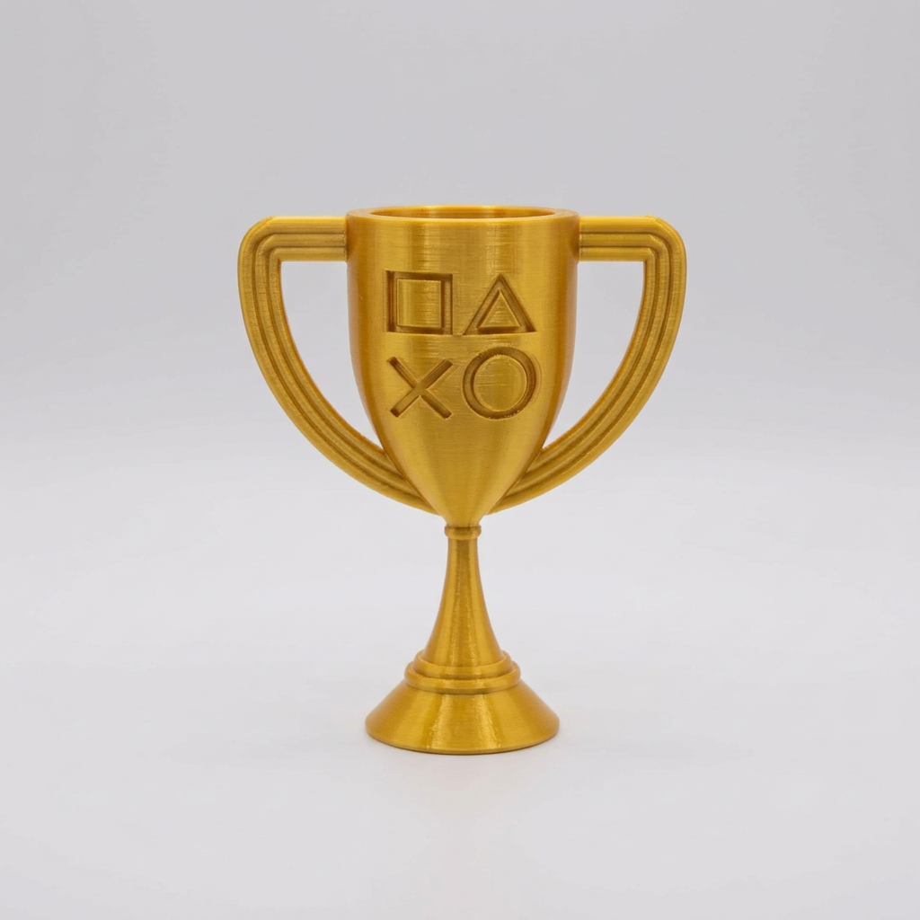 Gold 3D-printed PlayStation-style cup trophy with controller symbols on a light gray background