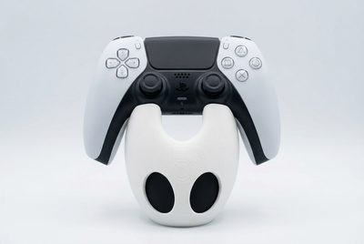 Front view of Silksong Hornet controller stand with DualSense, studio visualization