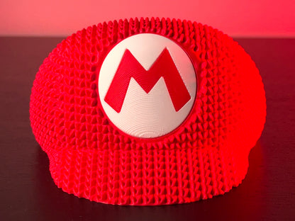 Knitted Super Mario Hat Decor – Mario Cap Gaming Room Decoration – Retro Gamer Gift – Nintendo Inspired Display Piece