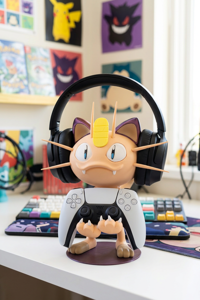 Meowth Controller Holder & Headphone Stand – 3D Printed Gaming Desk Organizer