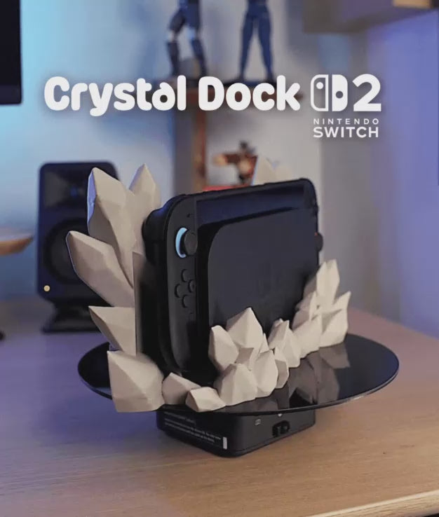 Load video: Crystal Dock for Nintendo Switch 2 – Geometric Crystal Stand for Docked Switch Setup, Modern Gaming Decor