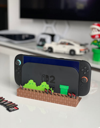 Nintendo Switch 2 cartridges organized inside Mario-style brick holder