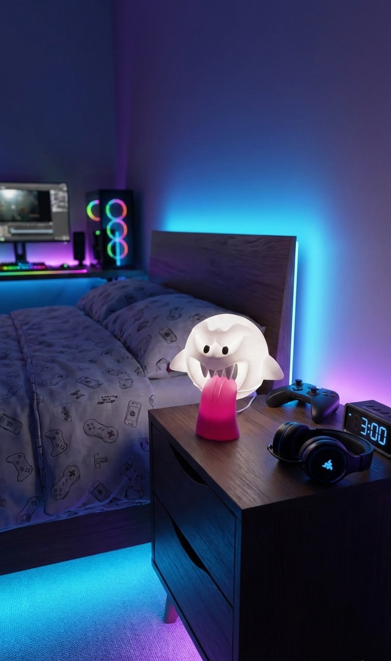 Bedroom with Boo from Super Mario Games as a LED table Light Lamp, RGB lighting, bed, nightstand, and gaming setup.